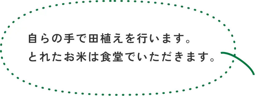 自らの手で田植えを行います。とれたお米は食堂でいただきます。