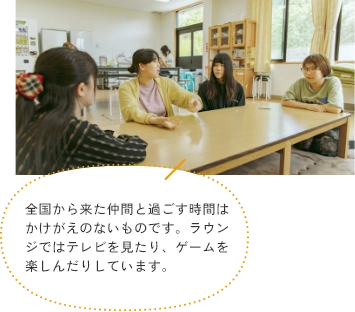 全国から来た仲間と過ごす時間はかけげのないものです。ラウンジではテレビを見たり、ゲームを楽しんだりしています。